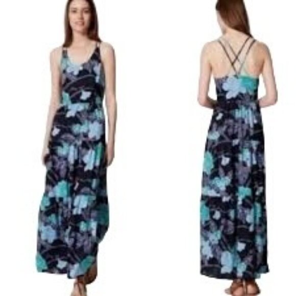 LOFT‎ Dress Floral Tiered Summer Maxi Blue Green Hawaiian Women's Size 2 - Picture 1 of 11
